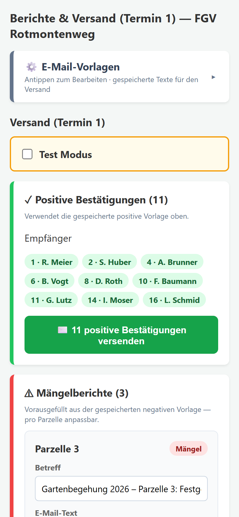 Berichte und Versand: positive Bestätigungen, Mängelberichte und Test-Modus
